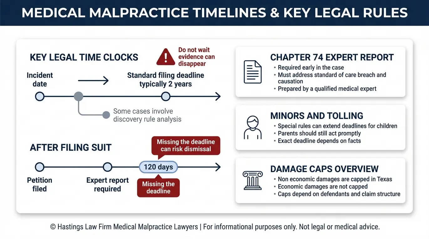 Timeline infographic summarizing Texas medical malpractice deadlines and Chapter 74 expert report timing for families seeking a Texas Meconium Aspiration Syndrome Lawyer after a meconium aspiration syndrome injury.