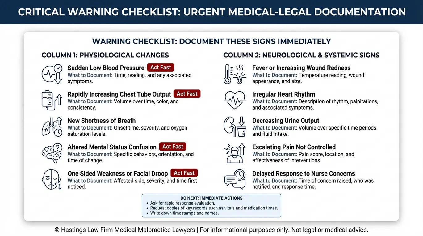 Lista de verificación de señales de alerta en la monitorización de la UCI cardíaca y qué documentar después de la cirugía para quienes estén considerando contratar a un abogado especializado en negligencia médica de cirujanos cardiotorácicos en Arizona.