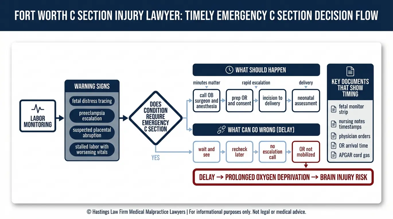 Diagrama de flujo del proceso para un abogado de lesiones por cesárea de Fort Worth que muestra los pasos de la decisión de cesárea de emergencia, los puntos de retraso y la cadena de causalidad de la privación de oxígeno y el riesgo de lesión cerebral.