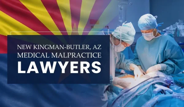 The State flag of Arizona blending into a healthcare setting in New Kingman-Butler where medical negligence has occurred, depicting the need for Medical Malpractice Lawyers to help patients harmed by medical professionals and healthcare facilities.