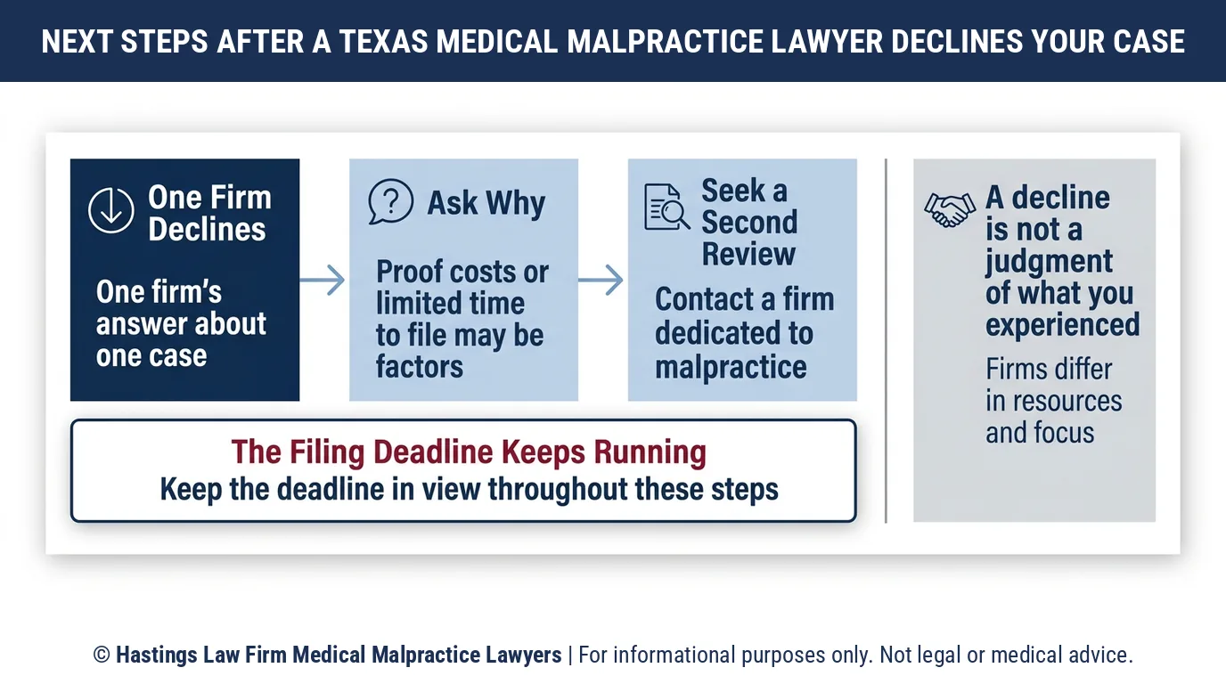 After a lawyer declines my case, is a medical malpractice lawsuit worth it in Texas with another firm.