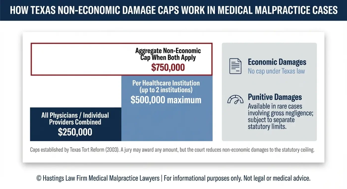 Infografía de datos que muestra cómo se aplican los topes de daños no económicos del Texas en los casos de negligencia médica, ilustrando el tope de $250.000 para todos los médicos juntos, el máximo de $500.000 para dos instituciones sanitarias, y el tope global de $750.000 establecido por la reforma de responsabilidad civil del Texas, junto con los daños económicos que no tienen tope según la ley del Texas.