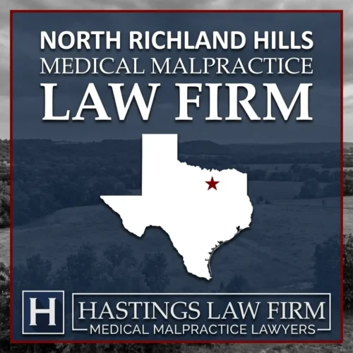 Los mejores abogados de negligencia médica en North Richland Hills Texas Una escena de paisaje de North Richland Hills Texas. Una estrella roja señala el lugar donde los abogados locales de negligencia médica han ayudado a pacientes lesionados. Logo The Hastings Law Firm aparece en la parte inferior.