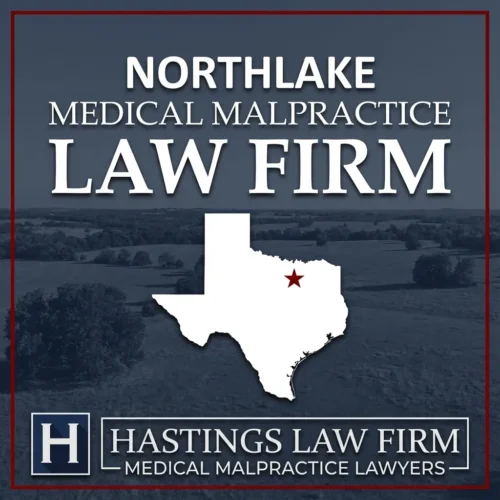 Best Medical Malpractice Attorneys in Northlake Texas A landscape scene of Northlake Texas. A red star pinpoints the location where local Medical Malpractice Lawyers have helped injured patients. The Hastings Law Firm logo appears at the bottom.