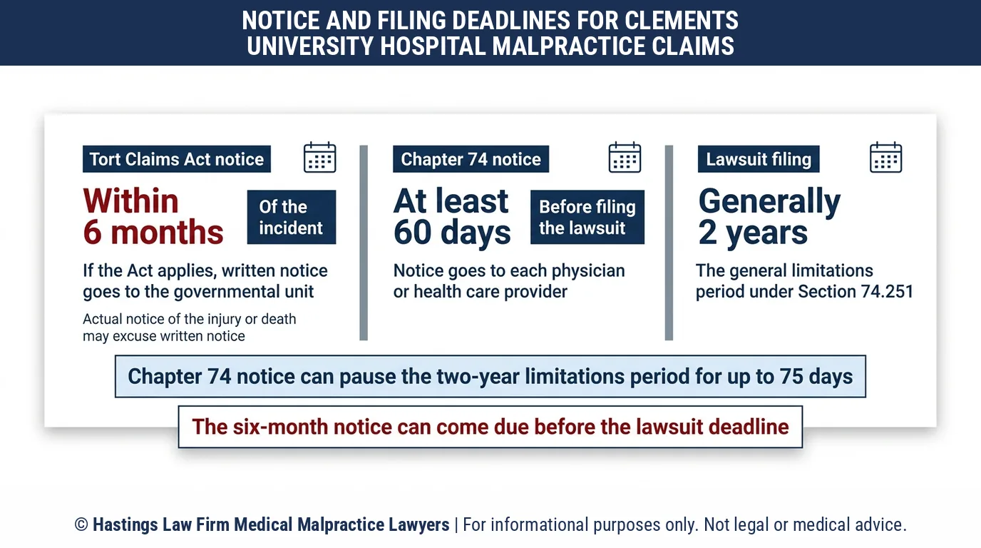 How soon must a hospital negligence lawyer send Tort Claims Act notice after an injury at Clements University Hospital.