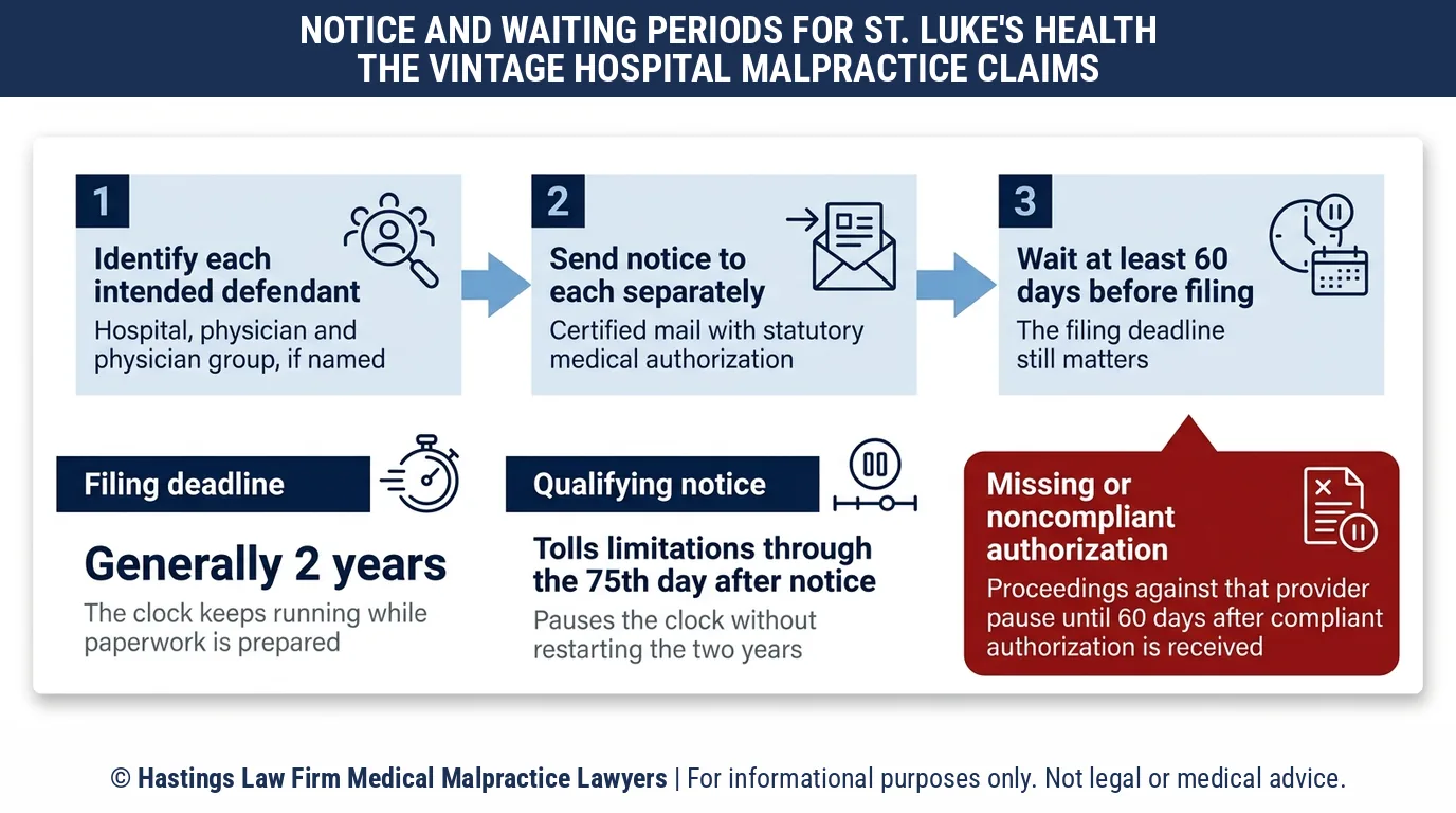 ¿Cuánto tiempo debe esperar una familia y su abogado especializado en negligencia hospitalaria antes de demandar a St. Luke's Health The Vintage Hospital de acuerdo con las normas de Texas notificación?.
