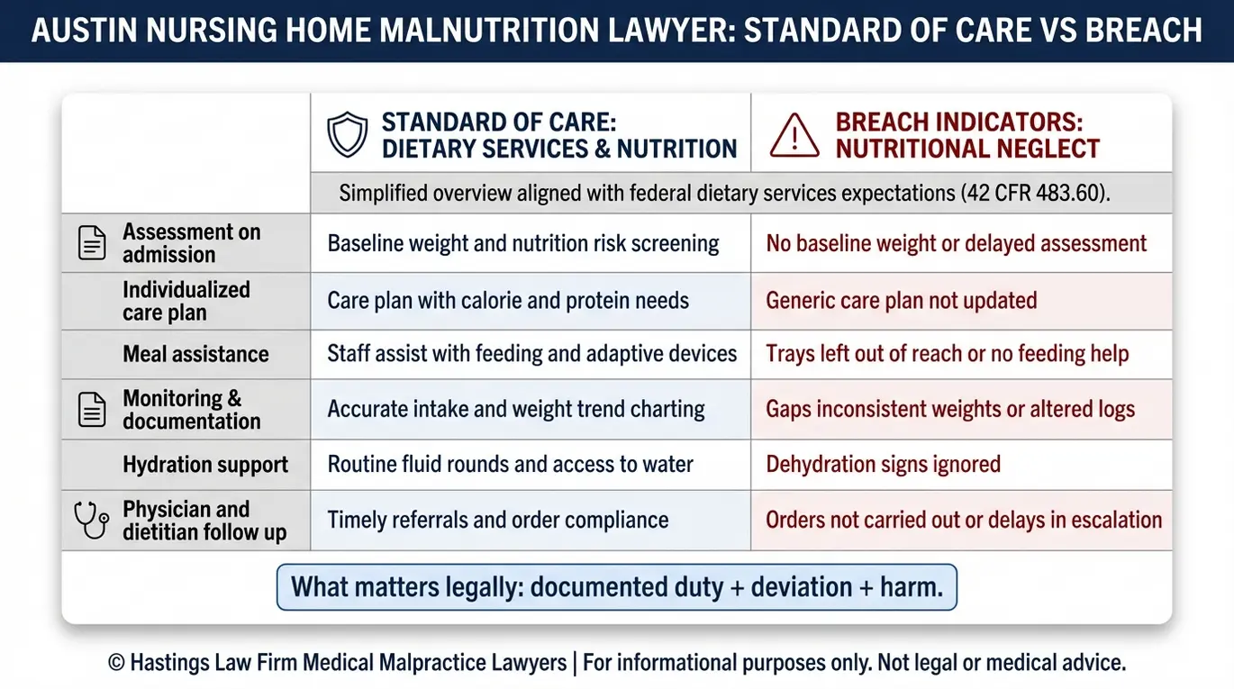 Side by side comparison chart showing nursing home nutrition standard of care versus breach indicators for an Austin Nursing Home Malnutrition Lawyer including assessment care plans meal assistance monitoring hydration and physician follow up.