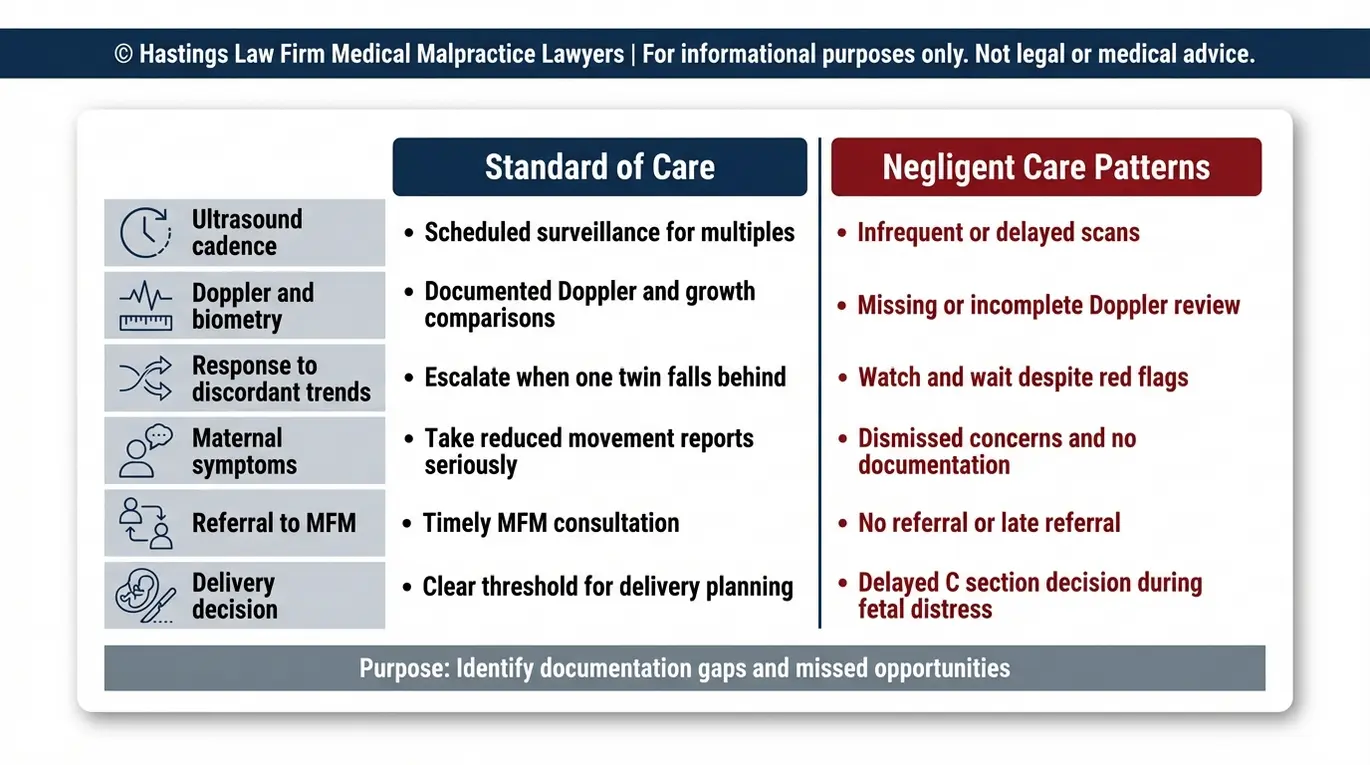 Tabla comparativa que muestra la atención médica estándar frente a la supervisión negligente en casos de embarazos gemelares, relevante para la evaluación de un abogado especializado en negligencia por crecimiento discordante de gemelos en Arizona.
