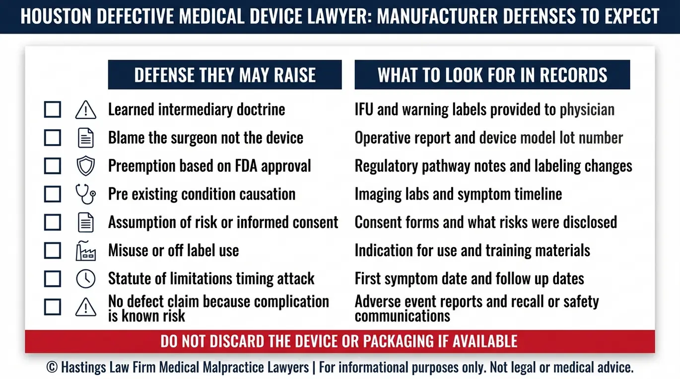 Lista de verificación para abogados especializados en dispositivos médicos defectuosos en Houston, en la que se enumeran las defensas más comunes de los fabricantes y los elementos del expediente médico que ayudan a rebatir cada una de ellas.