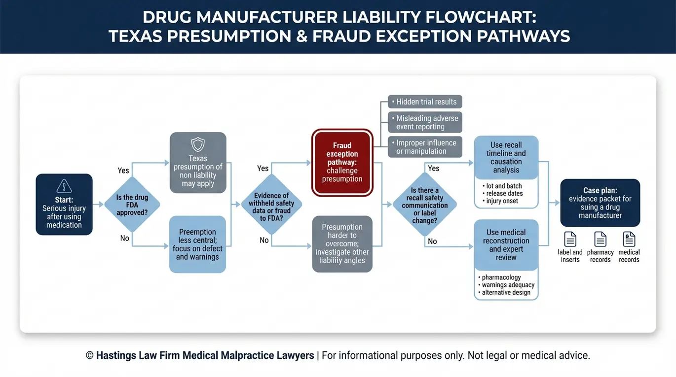 Diagrama de flujo que muestra cómo un abogado especializado en medicamentos peligrosos de Texas analiza la prevalencia de la aprobación de la FDA, incluyendo la excepción por presunción de fraude, las retiradas del mercado y los pasos para recabar pruebas con el fin de demandar a un fabricante de medicamentos.