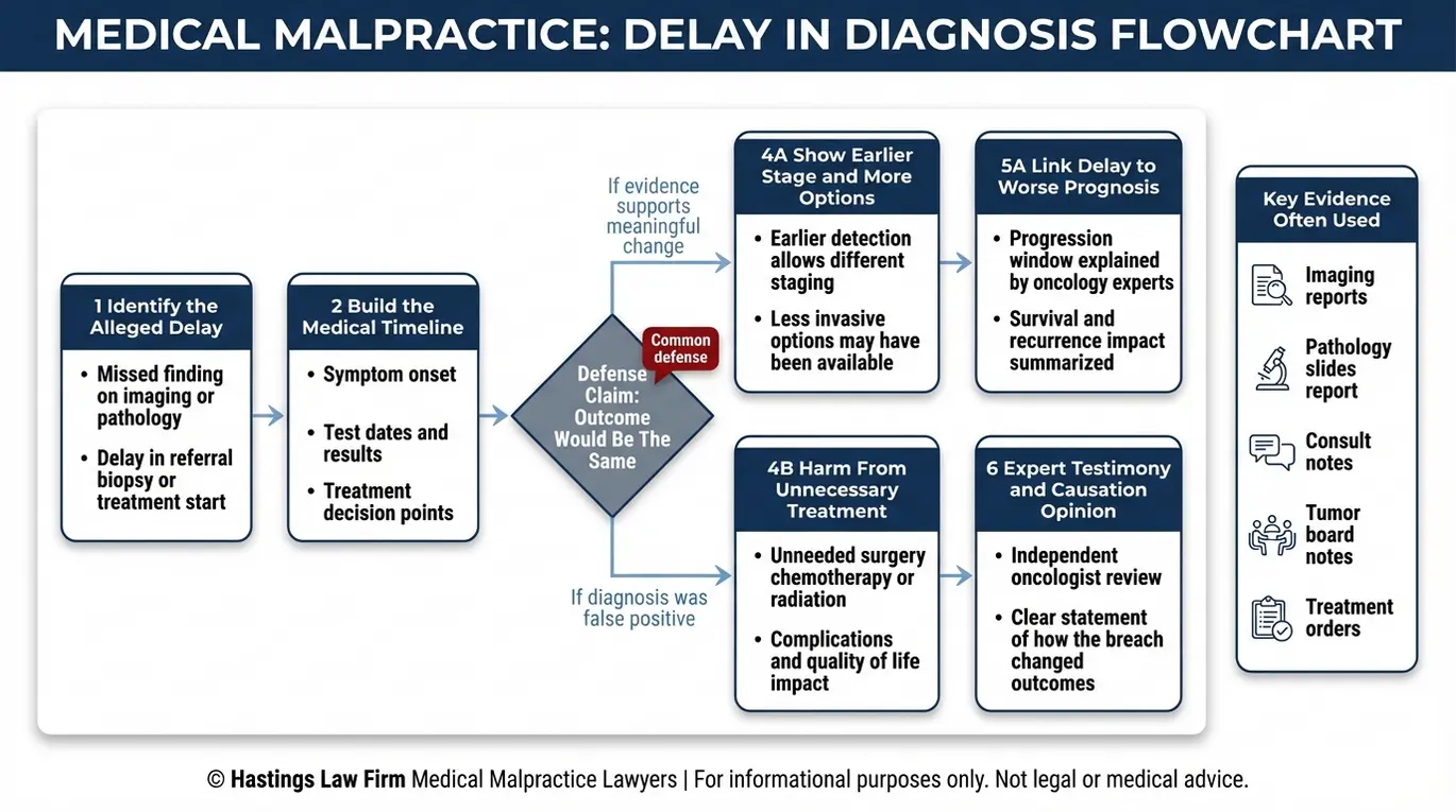 Diagrama de flujo para un abogado especializado en negligencia médica oncológica de Arizona en el que se explica cómo refutar el veredicto; la defensa sería la misma, utilizando puntos de decisión basados en un cronograma de retrasos y el testimonio de un perito sobre la causalidad, incluyendo los daños derivados de los falsos positivos.