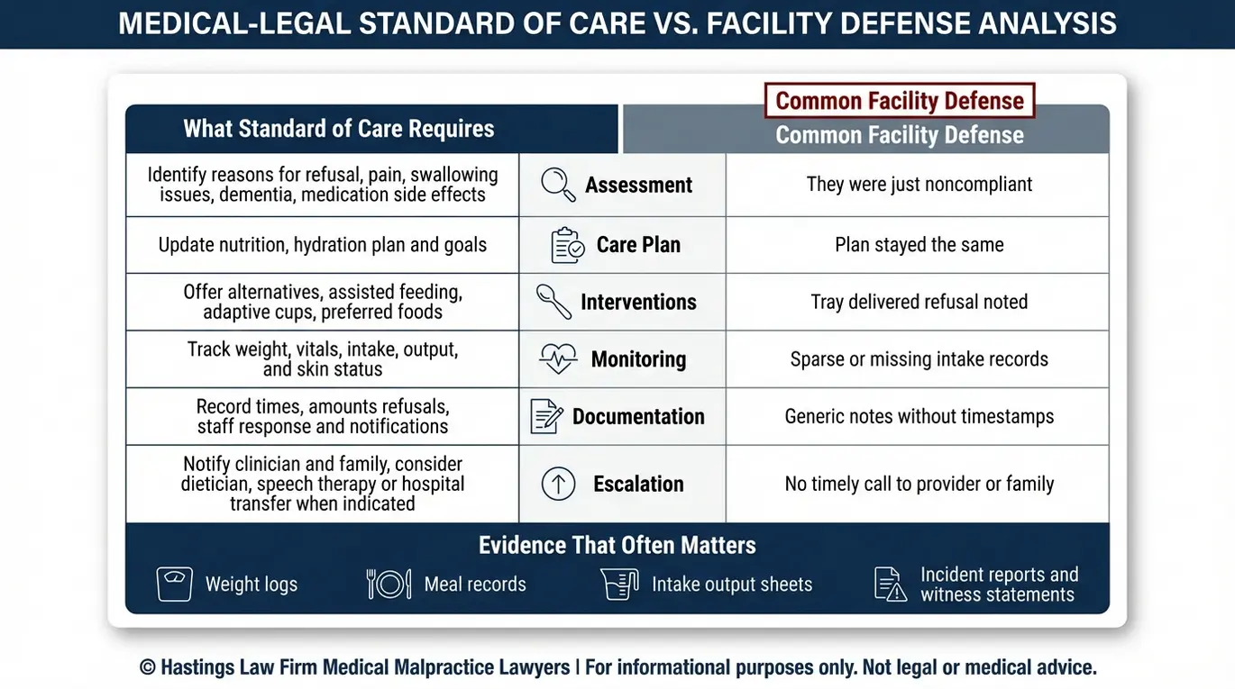Comparison chart of nursing home refusal defense versus required standard of care and key records used by an Arizona Nursing Home Malnutrition Lawyer to prove neglect.
