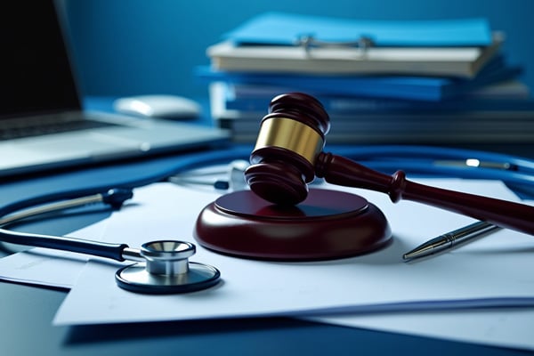 documentos y un mazo sobre el escritorio de un destacado abogado especializado en casos de pérdida de visión por Ozempic y NAION