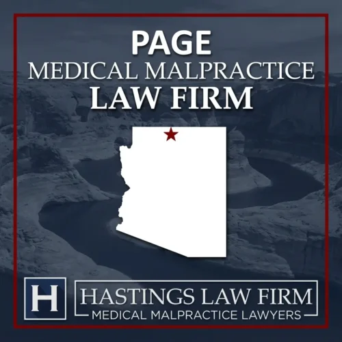 Los mejores abogados especializados en negligencia médica en Page, Arizona Una imagen panorámica de Page, Arizona. Una estrella roja señala el lugar donde los abogados locales especializados en negligencia médica han ayudado a pacientes lesionados. El logotipo de Hastings Law Firm aparece en la parte inferior.