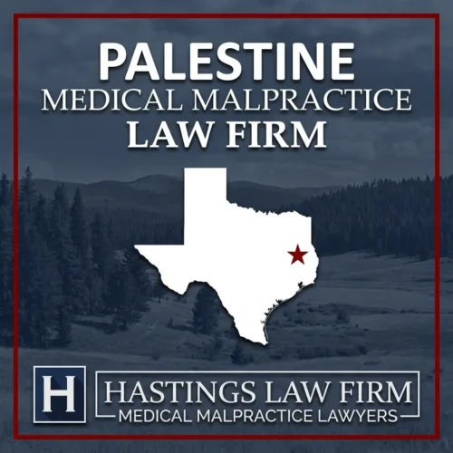 Los mejores abogados de negligencia médica en Palestina Texas Una escena paisajística de Palestina Texas. Una estrella roja señala el lugar donde los abogados locales especializados en negligencias médicas han ayudado a pacientes lesionados. El logotipo de The Hastings Law Firm aparece en la parte inferior.
