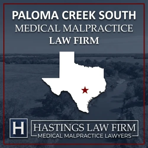 Los mejores abogados de negligencia médica en Paloma Creek Sur Texas Una escena del paisaje de Paloma Creek South Texas. Una estrella roja señala el lugar donde los Abogados de Negligencia Médica locales han ayudado a pacientes lesionados. Logo The Hastings Law Firm aparece en la parte inferior.