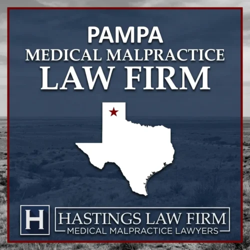 Best Medical Malpractice Attorneys in Pampa Texas A landscape scene of Pampa Texas. A red star pinpoints the location where local Medical Malpractice Lawyers have helped injured patients. The Hastings Law Firm logo appears at the bottom.