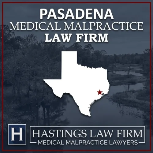 Los mejores abogados especializados en negligencia médica en Pasadena Texas Una imagen panorámica de Pasadena Texas. Una estrella roja señala el lugar donde los abogados locales especializados en negligencia médica han ayudado a pacientes lesionados. El logotipo de Hastings Law Firm aparece en la parte inferior.