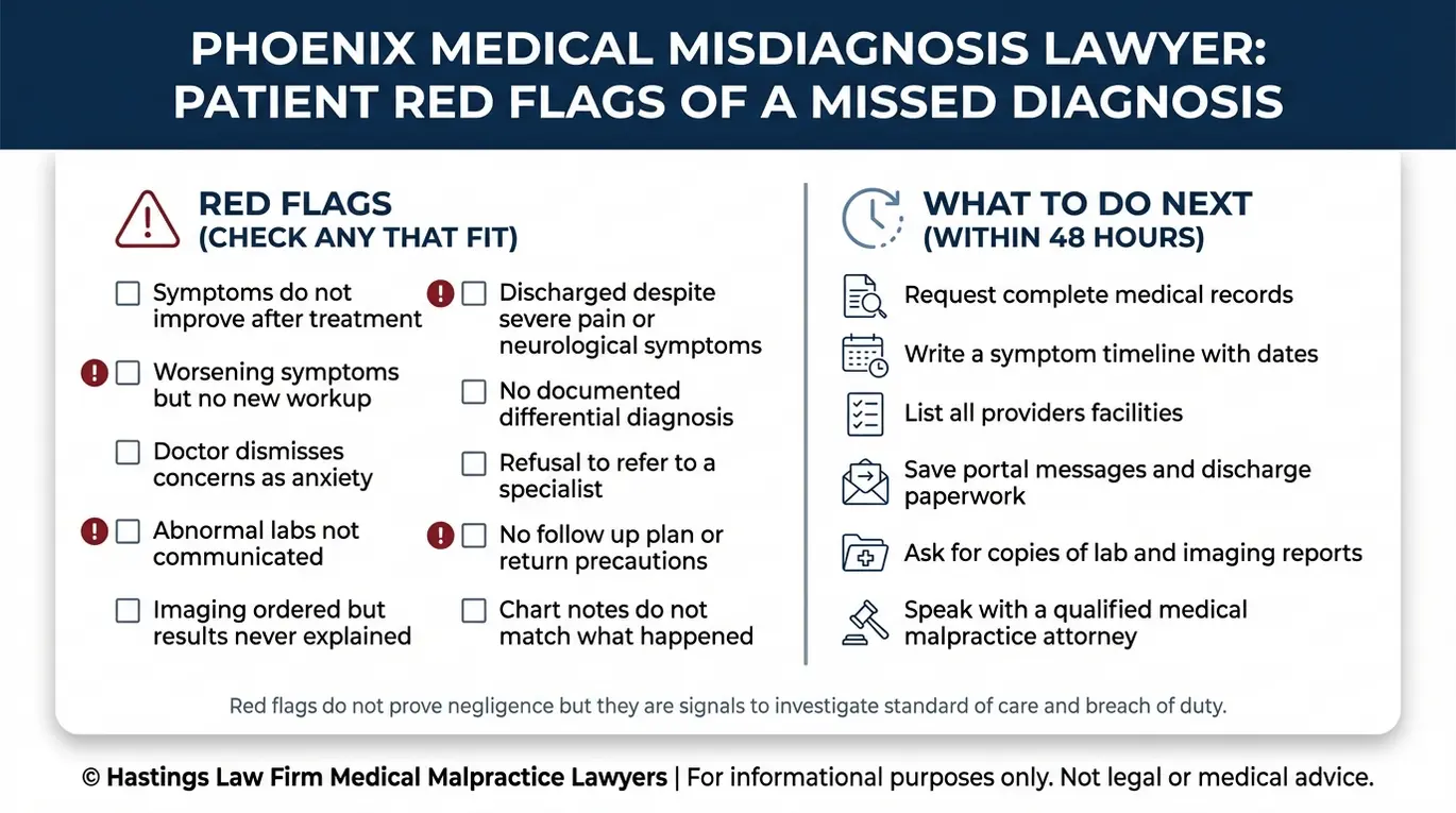 Lista de verificación de señales de alerta en los pacientes que pueden indicar un diagnóstico erróneo y los pasos a seguir, diseñada específicamente para una consulta con un abogado especializado en diagnósticos erróneos de Phoenix.