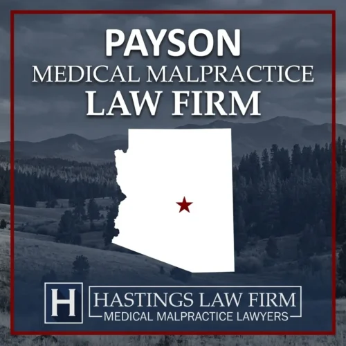 Los mejores abogados especializados en negligencia médica en Payson, Arizona Una vista panorámica de Payson, Arizona. Una estrella roja señala el lugar donde los abogados locales especializados en negligencia médica han ayudado a pacientes lesionados. El logotipo de Hastings Law Firm aparece en la parte inferior.