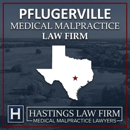 Los mejores abogados especializados en negligencia médica en Pflugerville Texas Una imagen panorámica de Pflugerville Texas. Una estrella roja señala el lugar donde los abogados locales especializados en negligencia médica han ayudado a pacientes lesionados. El logotipo de Hastings Law Firm aparece en la parte inferior.