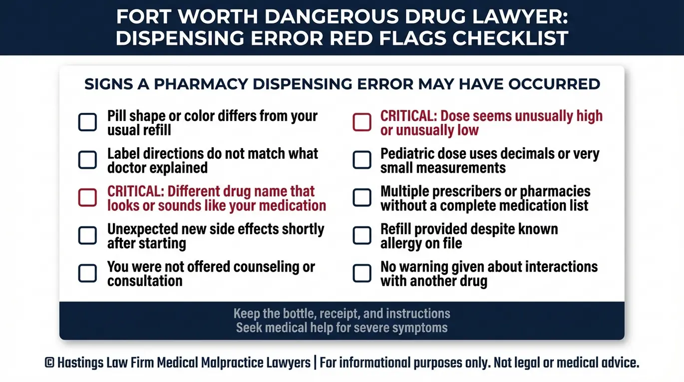 Warning checklist of dispensing error red flags a Fort Worth DangerousDrug Lawyer reviews in pharmacy negligence and prescription drug injury cases.