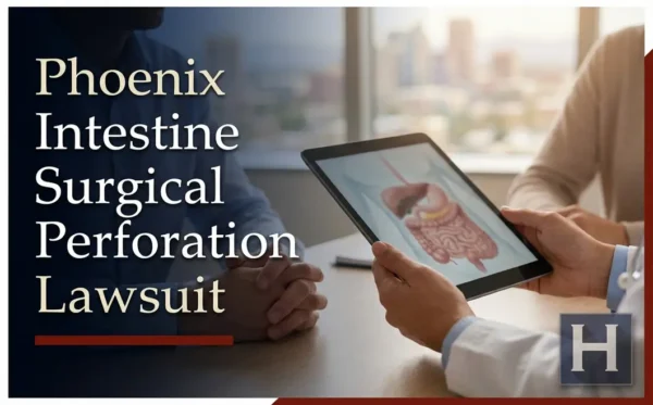 Un médico le muestra a un paciente un diagrama anatómico de los intestinos en una tableta, lo que pone de manifiesto posibles motivos de preocupación para un abogado especializado en perforaciones intestinales de Phoenix.