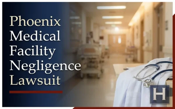 A blurred hospital hallway features a doctor's white coat and stethoscope on a table in Phoenix, underscoring the complex needs for a Medical Facility Negligence lawyer.