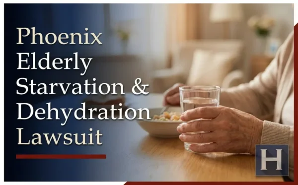 Las manos de una persona mayor agarran un vaso de agua junto a un plato de comida, lo que subraya el papel vital de un abogado de Phoenix Elderly Starvation & Dehydration.