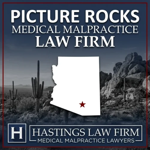 Best Medical Malpractice Attorneys in Picture Rocks Arizona A landscape scene of Picture Rocks Arizona. A red star pinpoints the location where local Medical Malpractice Lawyers have helped injured patients. The Hastings Law Firm logo appears at the bottom.