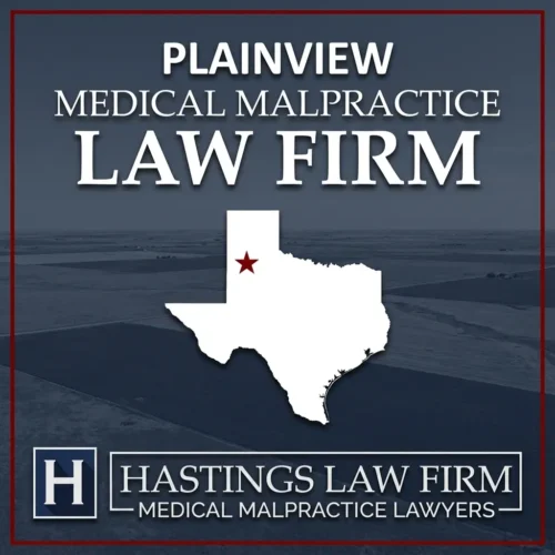 Best Medical Malpractice Attorneys in Plainview Texas A landscape scene of Plainview Texas. A red star pinpoints the location where local Medical Malpractice Lawyers have helped injured patients. The Hastings Law Firm logo appears at the bottom.