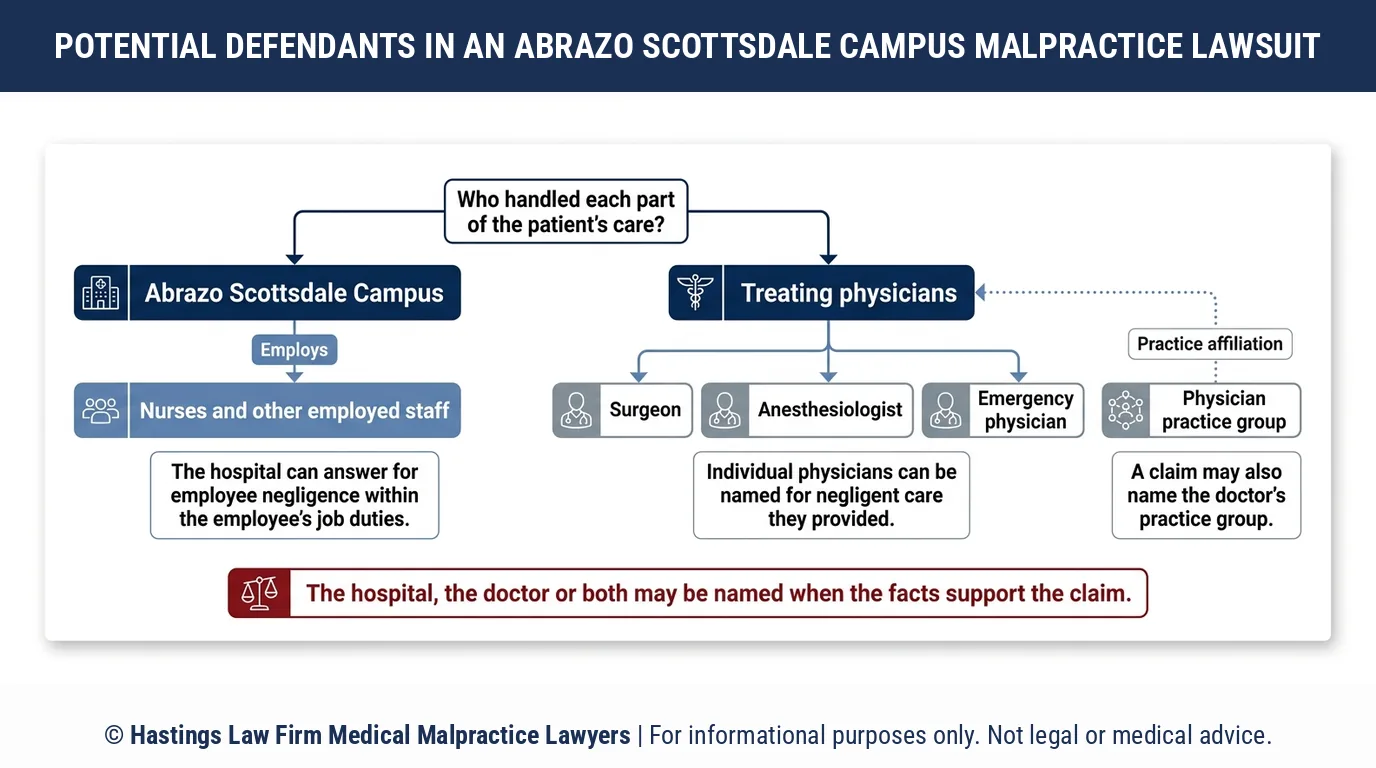 Who can a hospital malpractice attorney name in a lawsuit after a patient is hurt at Abrazo Scottsdale in Arizona.