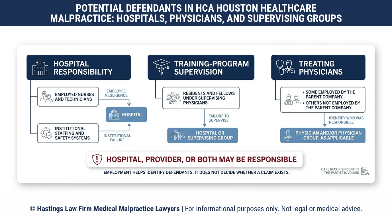 ¿Quién puede responsabilizar a un abogado especializado en negligencia hospitalaria cuando un médico de HCA Houston Healthcare no estaba empleado por el hospital?.