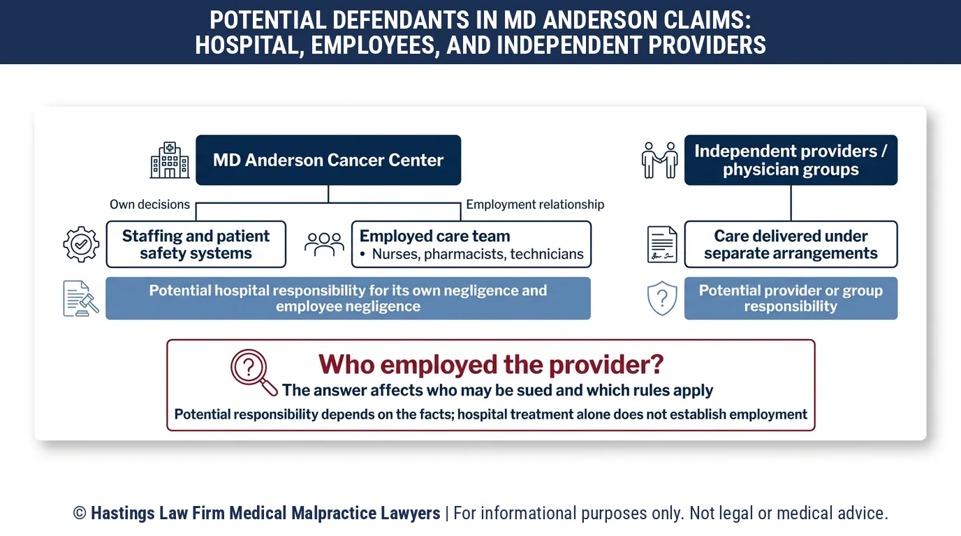 How a hospital malpractice attorney finds out whether the doctor who treated you at MD Anderson Cancer Center was an employee.