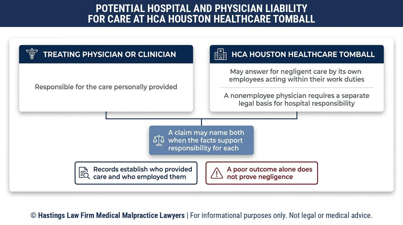 ¿Puede un abogado especializado en negligencia médica demandar a HCA Houston Healthcare Tomball o al médico que lo trató por mi lesión?.