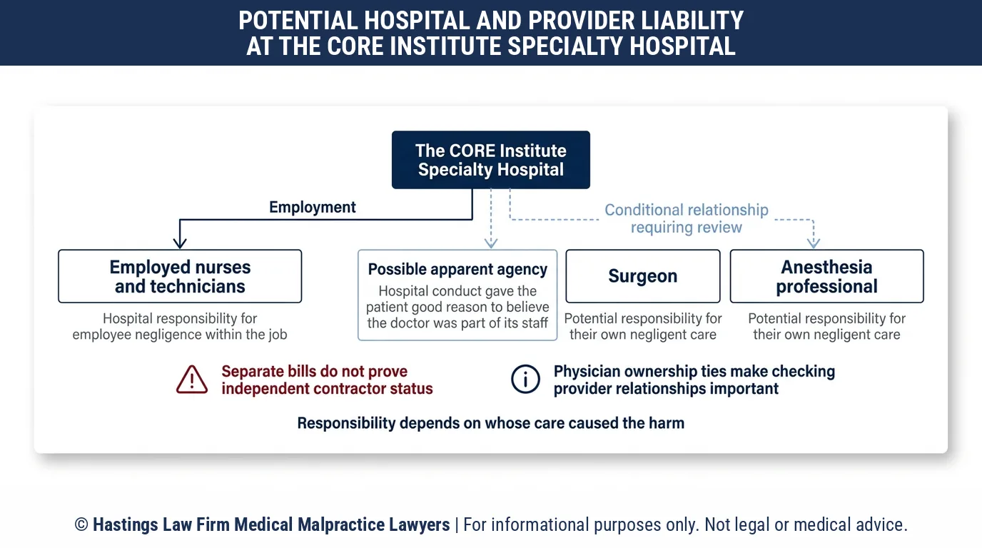¿Puede un abogado especializado en negligencia hospitalaria demandar al The CORE Institute Specialty Hospital por un cirujano que no emplea?.