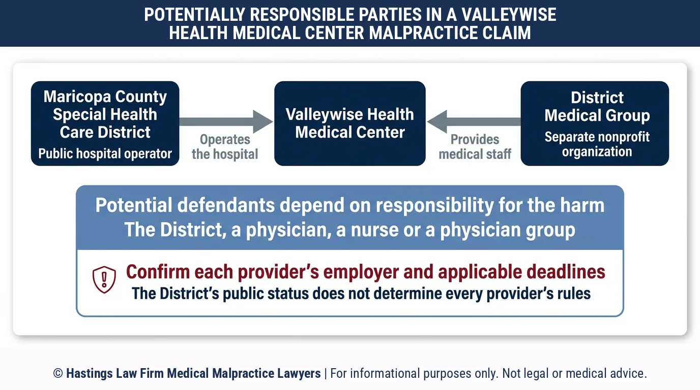 ¿A quién puede demandar un abogado especializado en negligencia médica cuando un médico del Valleywise Health Medical Center causa daño?.