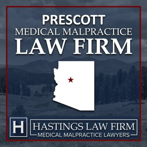 Los mejores abogados especializados en negligencia médica en Prescott, Arizona Una vista panorámica de Prescott, Arizona. Una estrella roja señala el lugar donde los abogados locales especializados en negligencia médica han ayudado a pacientes lesionados. El logotipo de Hastings Law Firm aparece en la parte inferior.