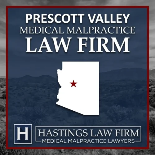 Los mejores abogados especializados en negligencia médica en Prescott Valley, Arizona Una imagen panorámica de Prescott Valley, Arizona. Una estrella roja señala el lugar donde los abogados locales especializados en negligencia médica han ayudado a pacientes lesionados. El logotipo de Hastings Law Firm aparece en la parte inferior.
