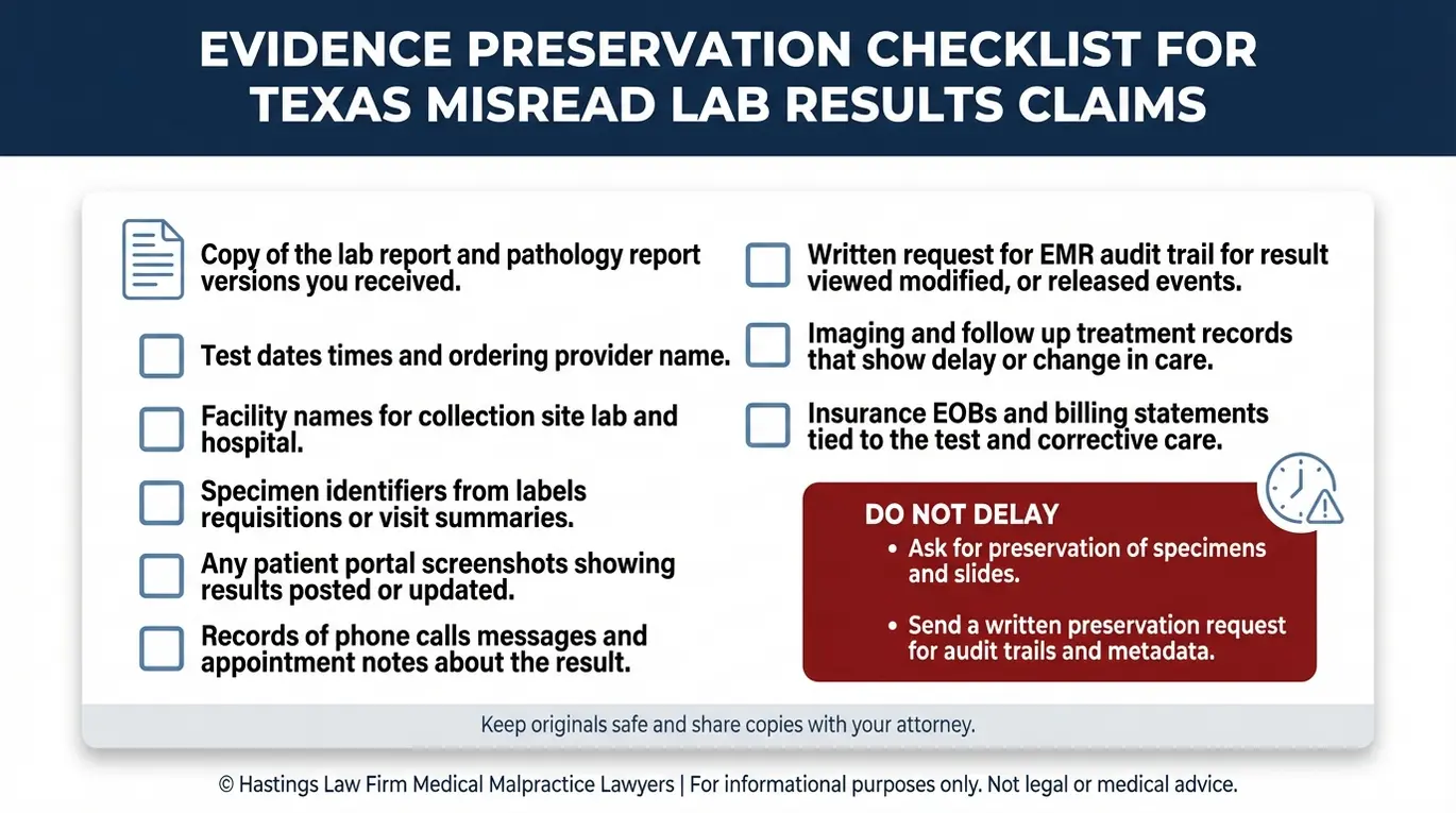 Warning checklist for preserving records specimens and EMR audit trails in a Texas Misread Lab Results Lawyer case including chain of custody and documentation steps.