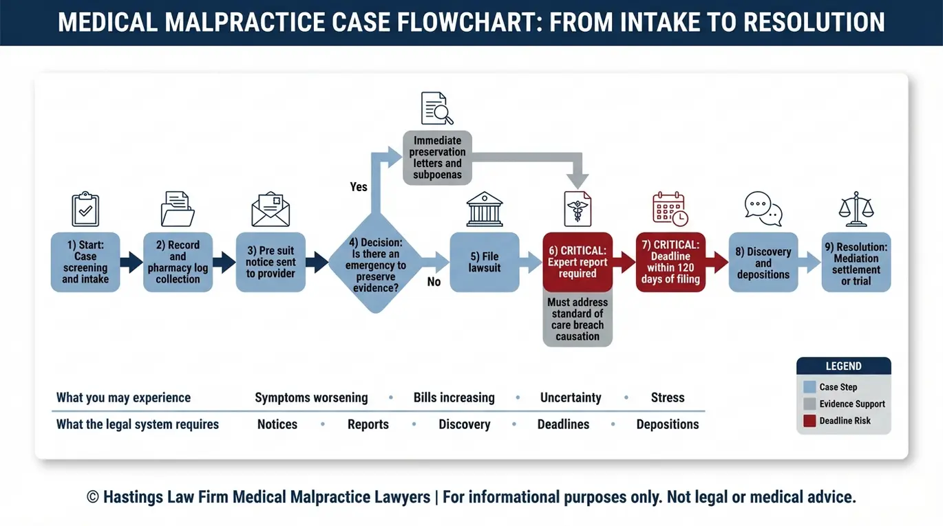Diagrama de flujo para un abogado especializado en negligencia médica contra centros de tratamiento del dolor en Texas, en el que se describen los pasos para demandar a un centro de tratamiento del dolor en Texas, incluyendo la notificación previa a la demanda, la presentación de la demanda y el plazo de 120 días para el informe pericial.