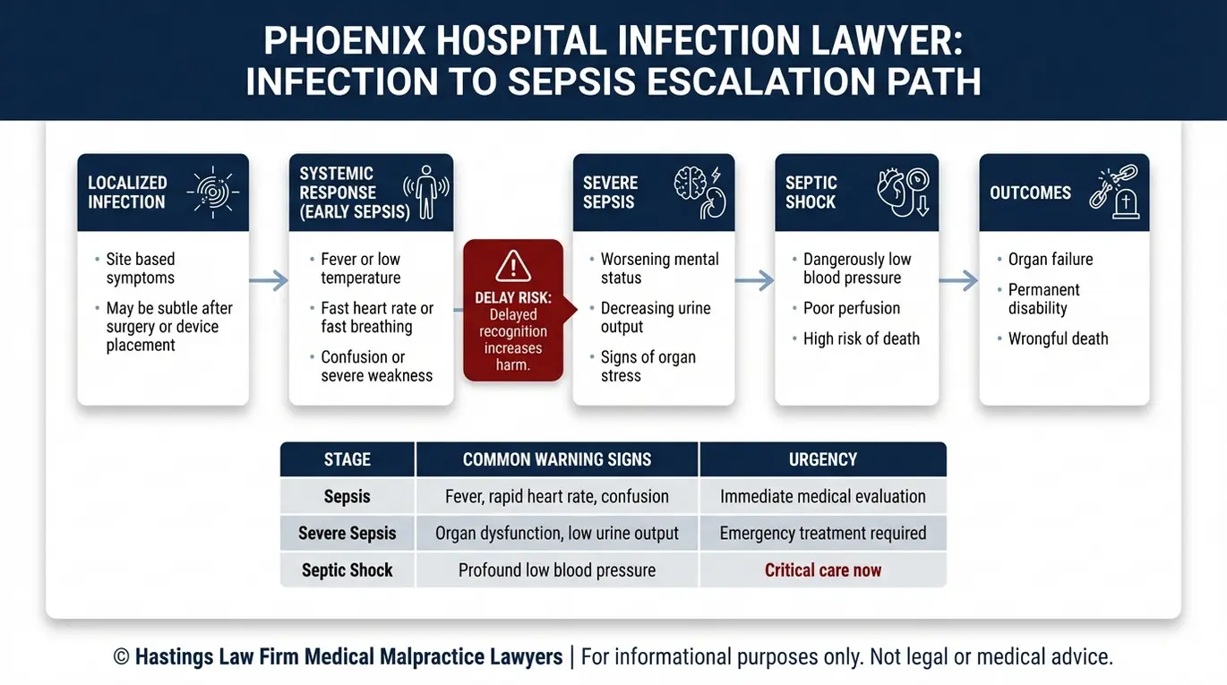 Diagrama de flujo que muestra la progresión de una infección hacia la sepsis, la sepsis grave y el shock séptico, con los signos de alerta, la urgencia y los resultados, para una explicación de un abogado especializado en infecciones hospitalarias de Phoenix.