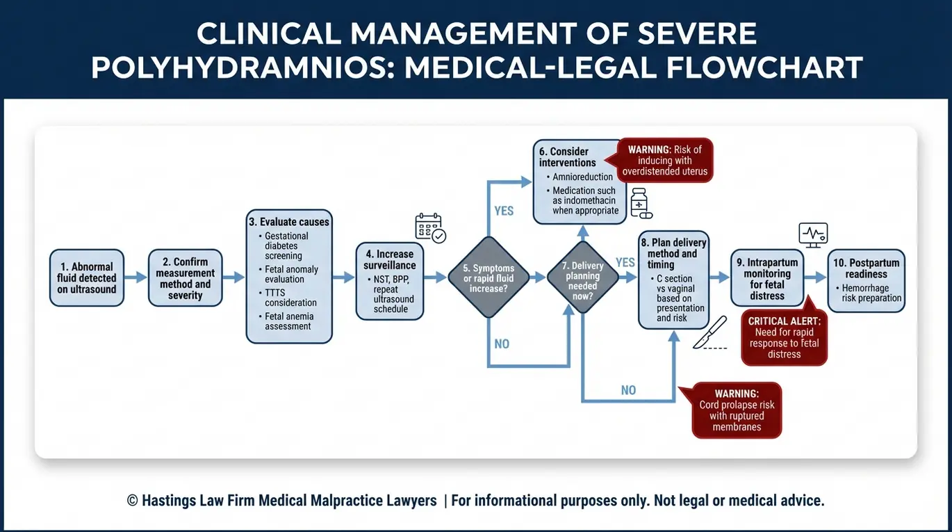Process flowchart showing standard management and treatment decision steps for severe polyhydramnios for readers seeking a Texas Polyhydramnios Mismanagement Lawyer.
