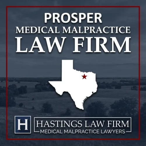 Best Medical Malpractice Attorneys in Prosper Texas A landscape scene of Prosper Texas. A red star pinpoints the location where local Medical Malpractice Lawyers have helped injured patients. The Hastings Law Firm logo appears at the bottom.