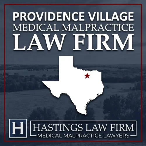 Los mejores abogados de negligencia médica en Providence Village Texas Paisaje de Providence Village Texas. Una estrella roja señala el lugar donde los abogados locales especializados en negligencias médicas han ayudado a pacientes lesionados. El logotipo de The Hastings Law Firm aparece en la parte inferior.