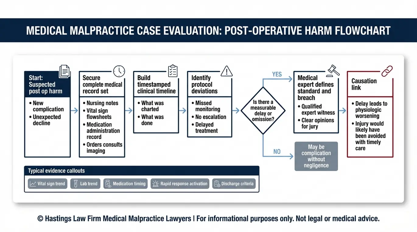 Diagrama de flujo que muestra cómo un abogado especializado en negligencia médica postoperatoria en casos de Texas demuestra el incumplimiento mediante historiales médicos, cronologías, testimonios de expertos y pruebas de causalidad.