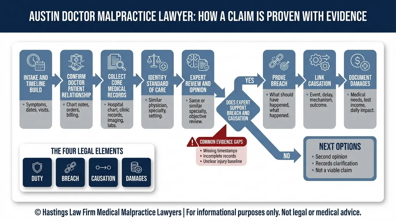 Diagrama de flujo que muestra cómo un abogado especializado en negligencia médica de Austin demuestra el deber, el incumplimiento, la causalidad y los daños utilizando historiales médicos y el dictamen de peritos.