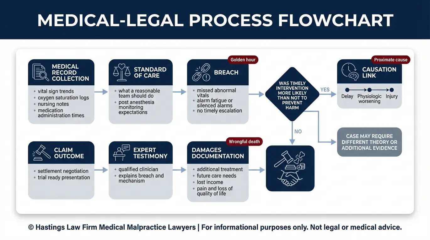 Diagrama de flujo del proceso que muestra cómo un abogado de negligencia postoperatoria de Arizona demuestra la falta de seguimiento de los casos de los registros médicos y la norma de atención a incumplir el testimonio de expertos de causalidad y daños y perjuicios.
