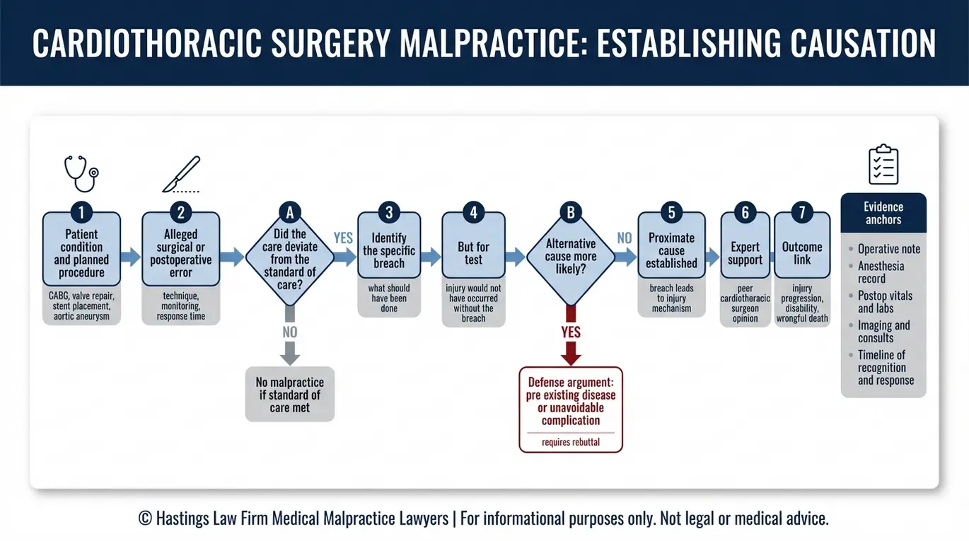 Process flowchart showing how a Texas Thoracic Surgeon Malpractice Lawyer proves causation by mapping the standard of care breach, but for test, alternative causes, expert testimony, and supporting medical record evidence.