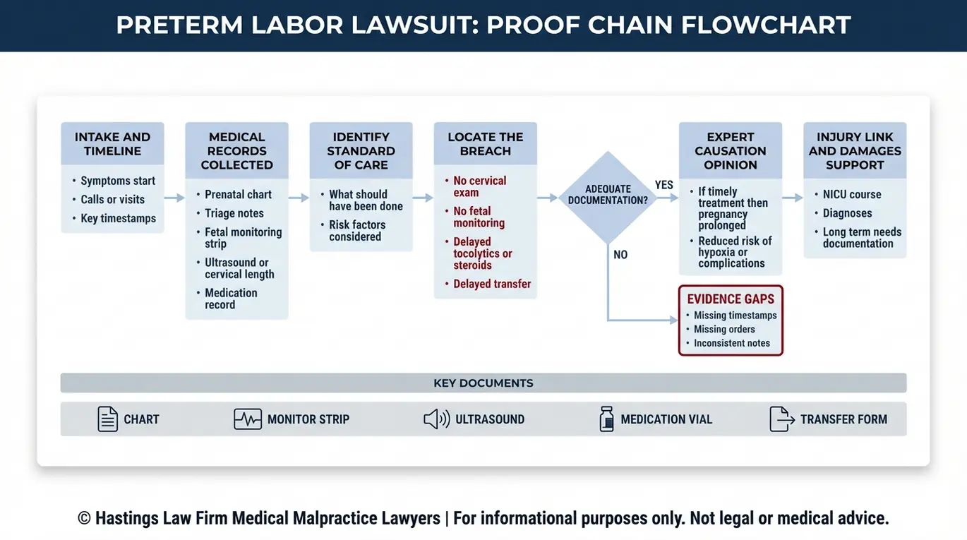 Diagrama de flujo que muestra cómo un abogado especializado en negligencia médica por parto prematuro Texas demuestra la relación causal, desde los síntomas y el historial médico hasta el dictamen pericial sobre el incumplimiento del estándar de atención y la relación con el daño sufrido.